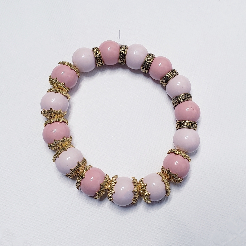 Elegant Gold and Ceramic Two Tone Pink Beaded Stretch Bracelet 0101 - Picture 3 of 4